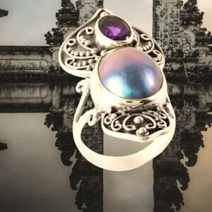 🔥Sterling Silver Blue Mabè Pearl & African Amethyst Balinese Ring Size 4.5